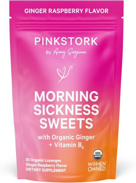 Pink Stork Morning Sickness Sweets, Organic Raspberry Ginger Candy with Vitamin B6, Support for Motion Sickness, Prenatal Heartburn - Pregnancy Must Haves - 30 Wrapped Drops