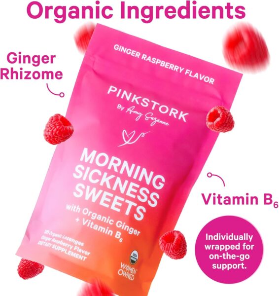Pink Stork Morning Sickness Sweets, Organic Raspberry Ginger Candy with Vitamin B6, Support for Motion Sickness, Prenatal Heartburn - Pregnancy Must Haves - 30 Wrapped Drops