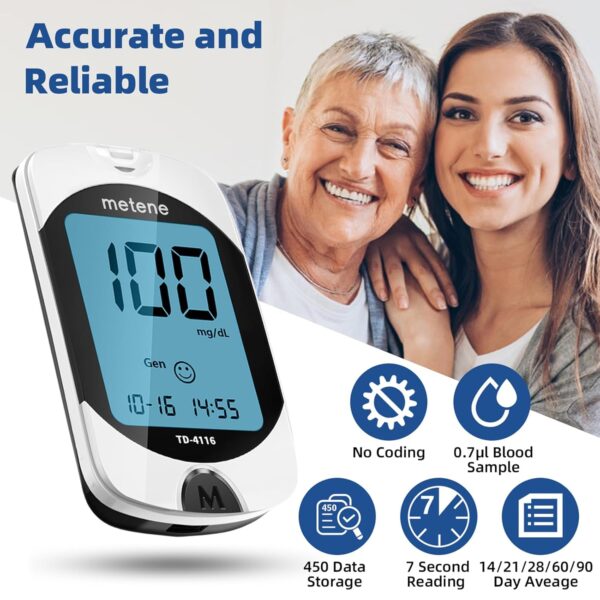 Metene TD-4116 Blood Glucose Monitor Kit, 100 Glucometer Strips, 100 Lancets, 1 Blood Sugar Monitor, Blood Sugar Test Kit with Control Solution, Lancing Device, No Coding, Large Display