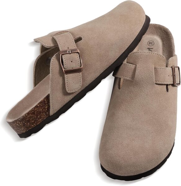KIDMI Genuine Suede Clogs for Women Cork Footbed Sandals Leather Mules Potato Shoes with Arch Support