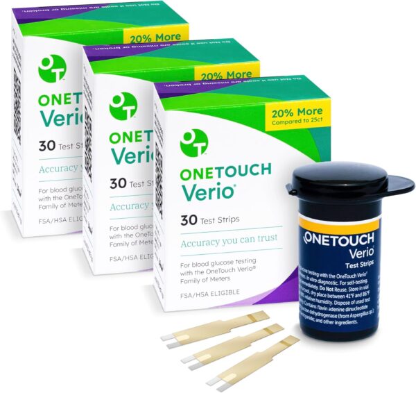OneTouch Verio Test Strips for Diabetes Value Pack - 90 Count - for Blood Sugar Monitor - Home Self Glucose Testing - 3 Boxes, 30 Strips Per Pack