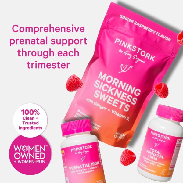 Pink Stork Morning Sickness Sweets, Organic Raspberry Ginger Candy with Vitamin B6, Support for Motion Sickness, Prenatal Heartburn - Pregnancy Must Haves - 30 Wrapped Drops