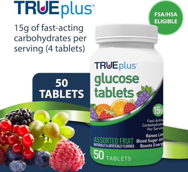 TRUEplus® Glucose Tablets, Assorted Flavor (Grape, Raspberry, Orange) - 50ct Bottle (1)