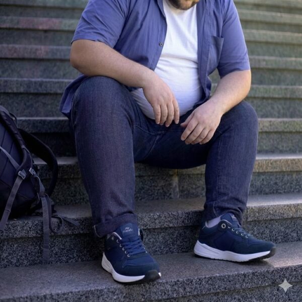 Person with diabetes checking feet while wearing supportive diabetic shoes