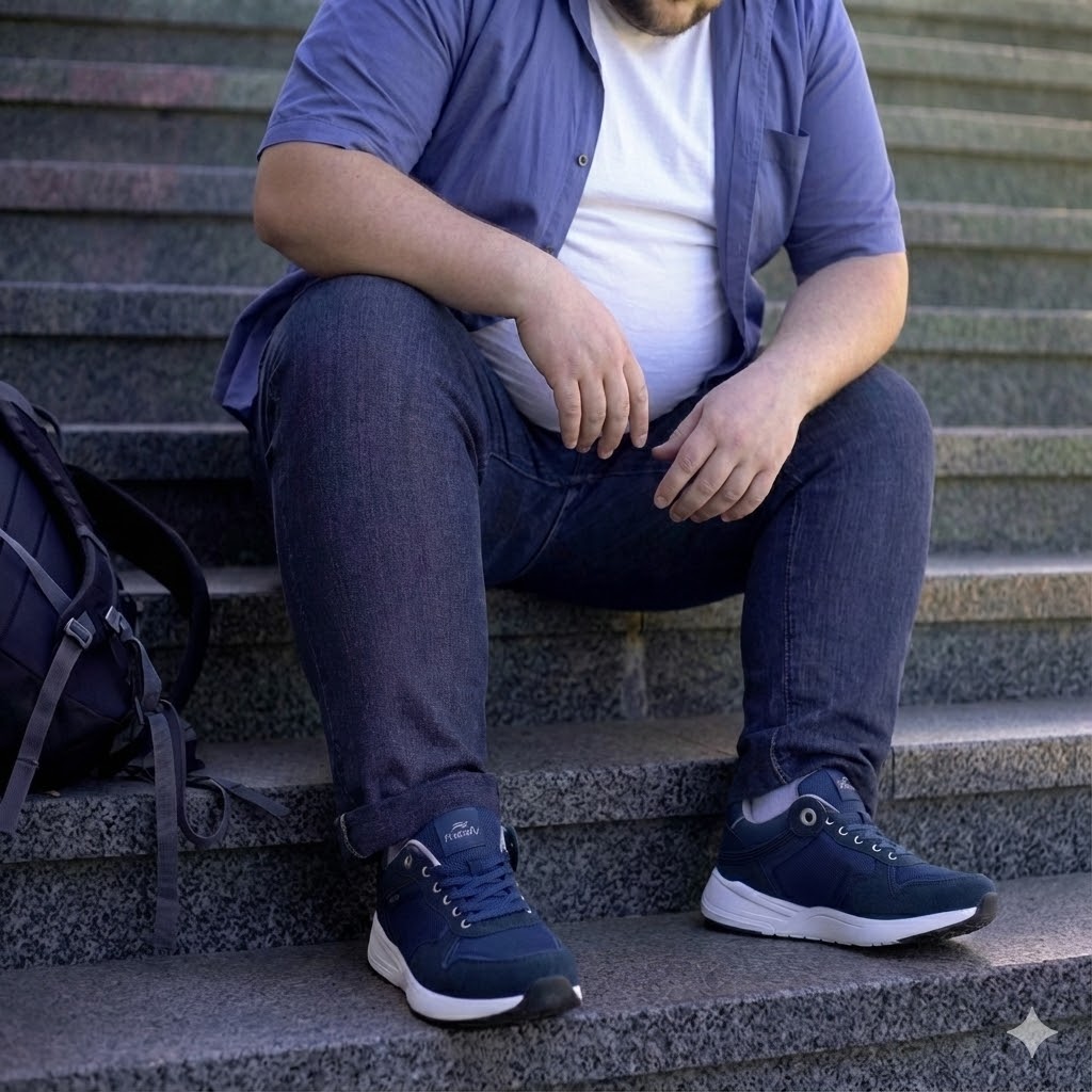 Person with diabetes checking feet while wearing supportive diabetic shoes